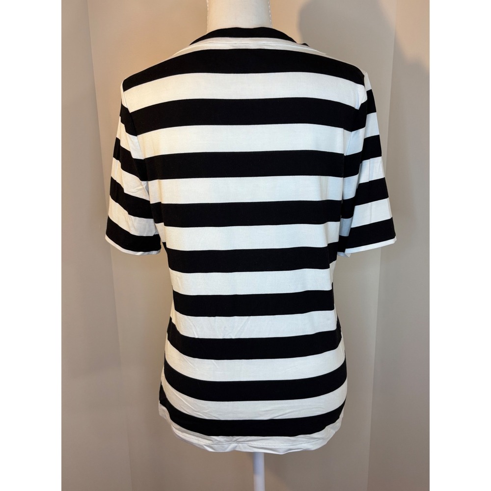 Talbots Petite Black White Striped Keyhole Knot Neck Top MP Short Sleeve Rayon - Picture 3 of 6